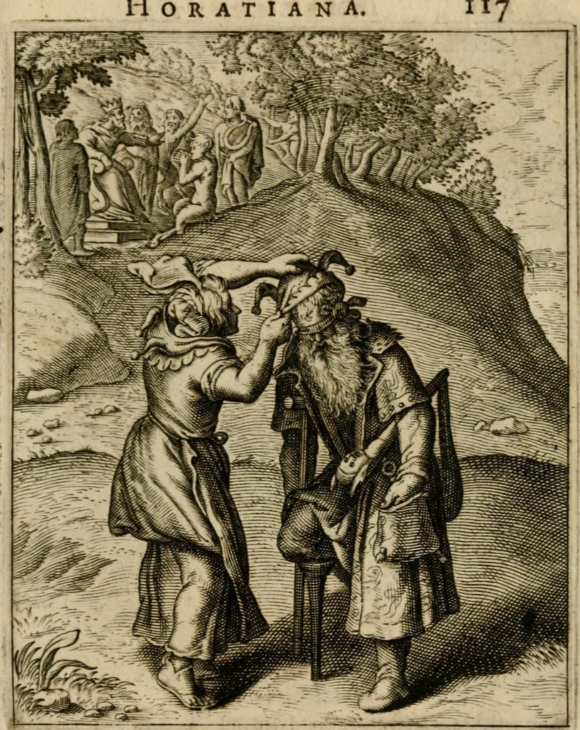 An illustration from Othonis VaenI Emblemata Horatiana : imaginibus in aes incisis : atque latino, germanico, gallico et belgico carmine illustrata, 1684, leaf 138