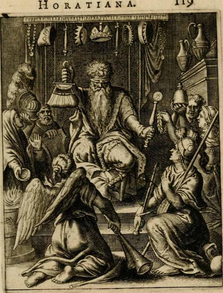 An illustration from Othonis VaenI Emblemata Horatiana : imaginibus in aes incisis : atque latino, germanico, gallico et belgico carmine illustrata, 1684, leaf 140