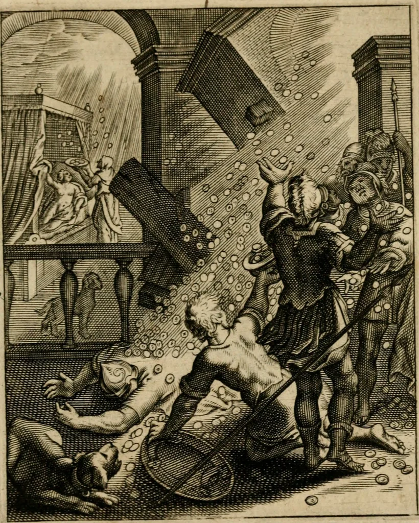 An illustration from Othonis VaenI Emblemata Horatiana : imaginibus in aes incisis : atque latino, germanico, gallico et belgico carmine illustrata, 1684, leaf 142