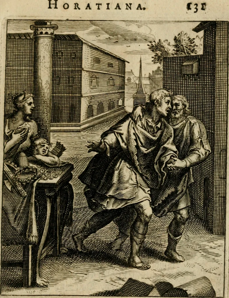 An illustration from Othonis VaenI Emblemata Horatiana : imaginibus in aes incisis : atque latino, germanico, gallico et belgico carmine illustrata, 1684, leaf 152