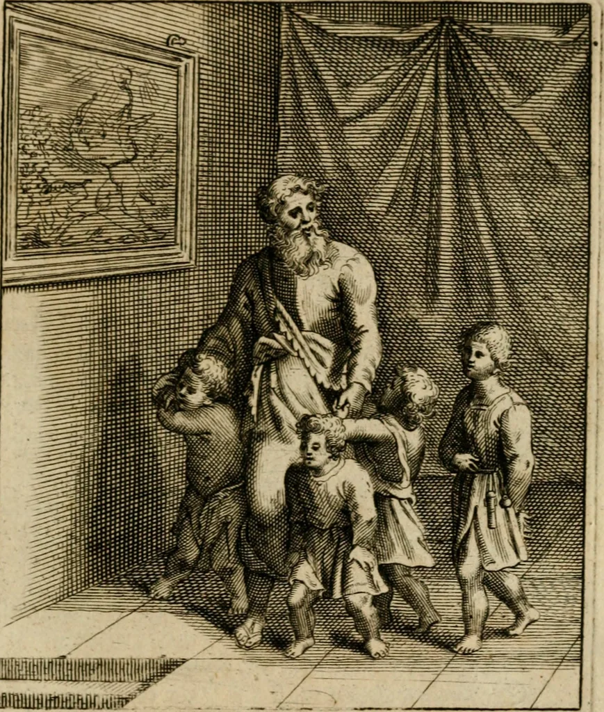 An illustration from Othonis VaenI Emblemata Horatiana : imaginibus in aes incisis : atque latino, germanico, gallico et belgico carmine illustrata, 1684, leaf 156