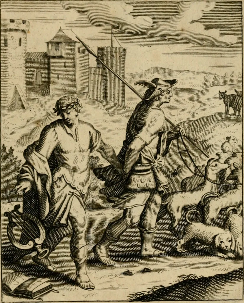 An illustration from Othonis VaenI Emblemata Horatiana : imaginibus in aes incisis : atque latino, germanico, gallico et belgico carmine illustrata, 1684, leaf 158