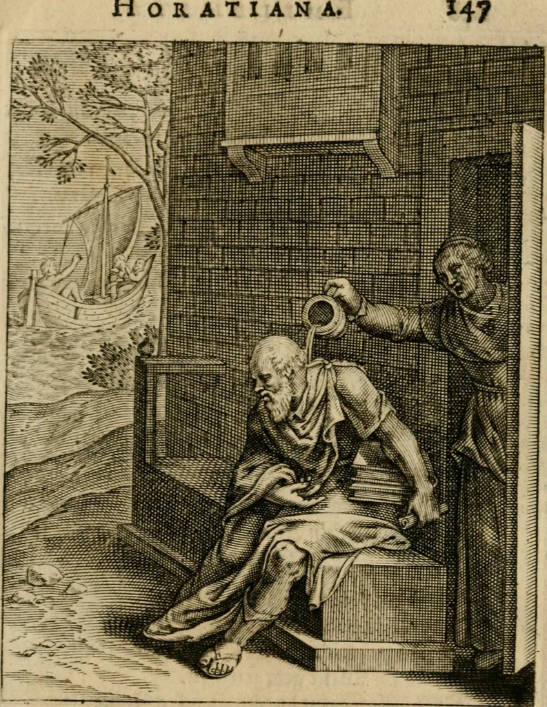 An illustration from Othonis VaenI Emblemata Horatiana : imaginibus in aes incisis : atque latino, germanico, gallico et belgico carmine illustrata, 1684, leaf 168