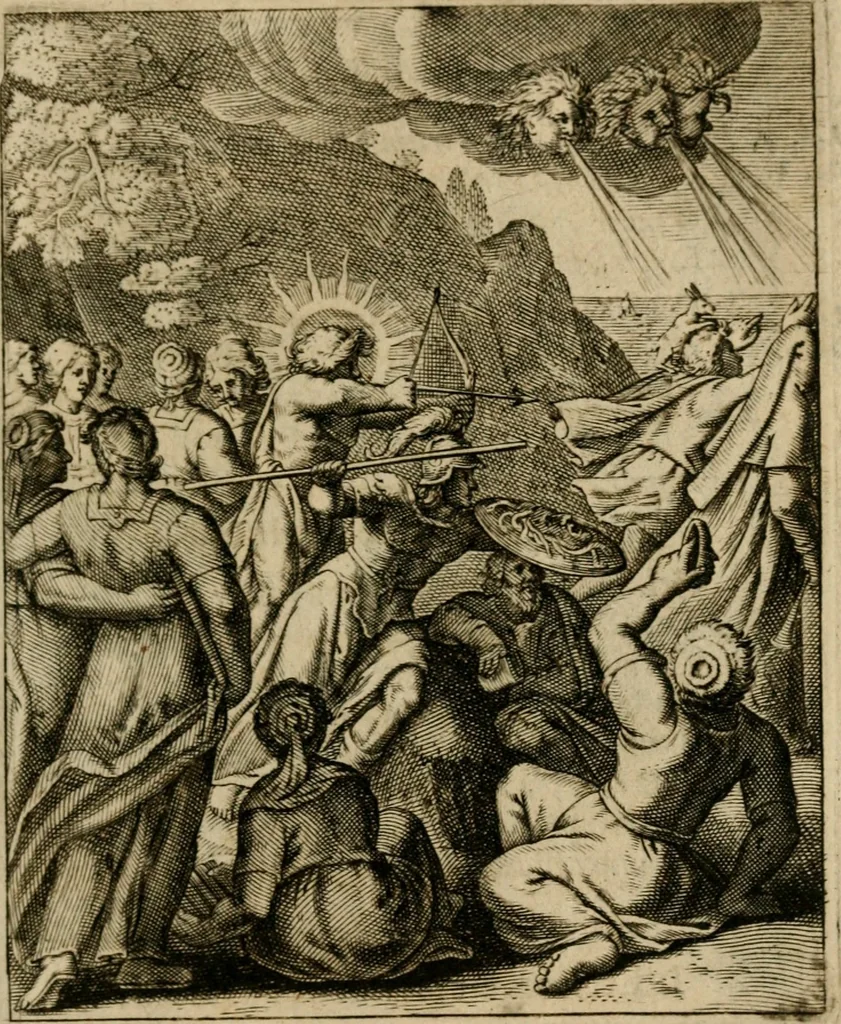 An illustration from Othonis VaenI Emblemata Horatiana : imaginibus in aes incisis : atque latino, germanico, gallico et belgico carmine illustrata, 1684, leaf 172