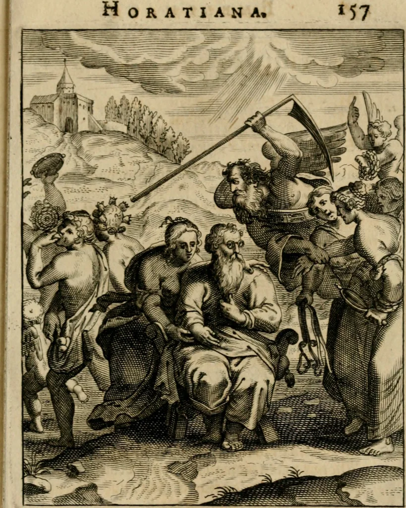 An illustration from Othonis VaenI Emblemata Horatiana : imaginibus in aes incisis : atque latino, germanico, gallico et belgico carmine illustrata, 1684, leaf 178