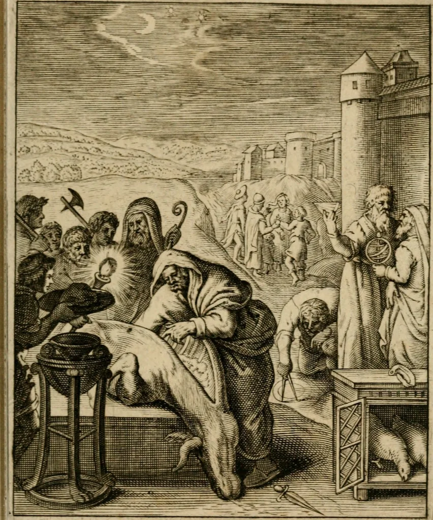 An illustration from Othonis VaenI Emblemata Horatiana : imaginibus in aes incisis : atque latino, germanico, gallico et belgico carmine illustrata, 1684, leaf 202