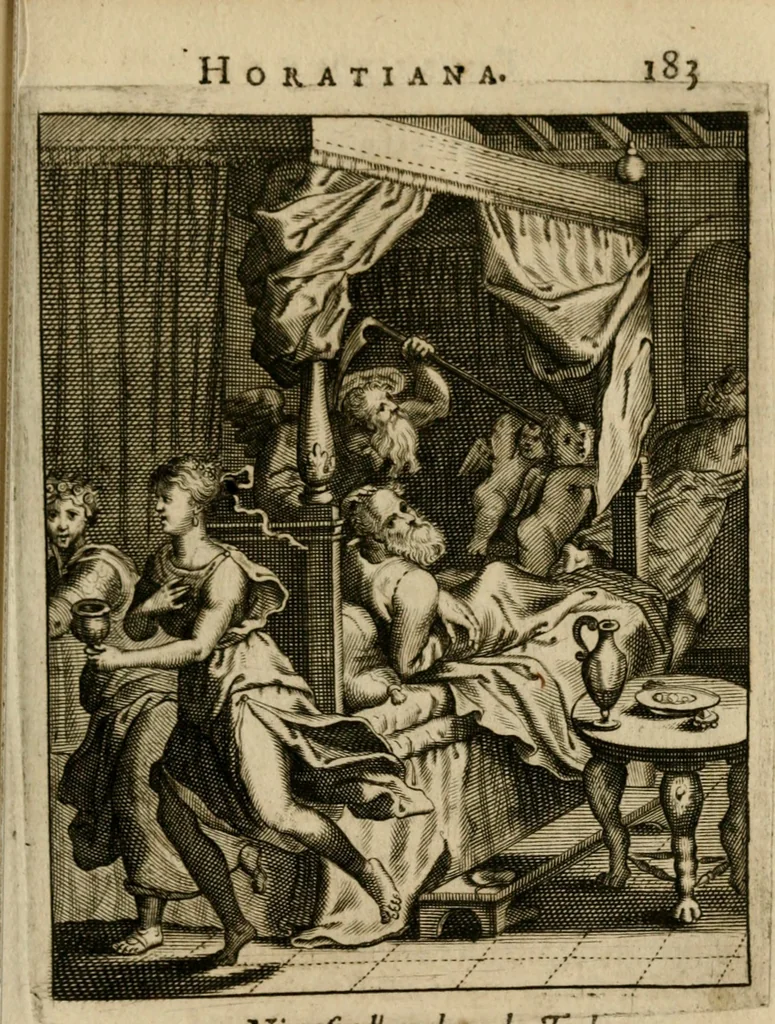 An illustration from Othonis VaenI Emblemata Horatiana : imaginibus in aes incisis : atque latino, germanico, gallico et belgico carmine illustrata, 1684, leaf 204