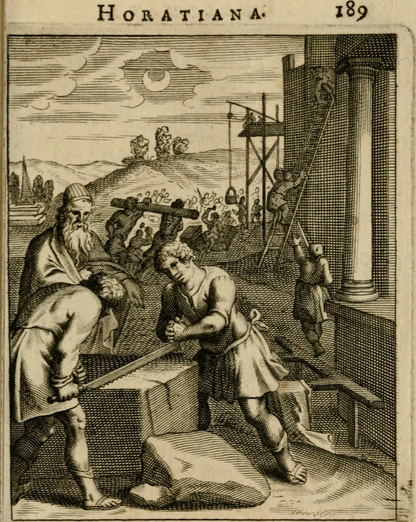 An illustration from Othonis VaenI Emblemata Horatiana : imaginibus in aes incisis : atque latino, germanico, gallico et belgico carmine illustrata, 1684, leaf 210