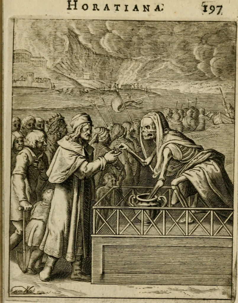 An illustration from Othonis VaenI Emblemata Horatiana : imaginibus in aes incisis : atque latino, germanico, gallico et belgico carmine illustrata, 1684, leaf 218