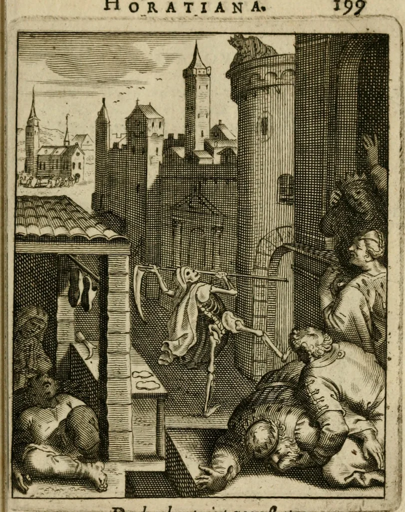 An illustration from Othonis VaenI Emblemata Horatiana : imaginibus in aes incisis : atque latino, germanico, gallico et belgico carmine illustrata, 1684, leaf 220