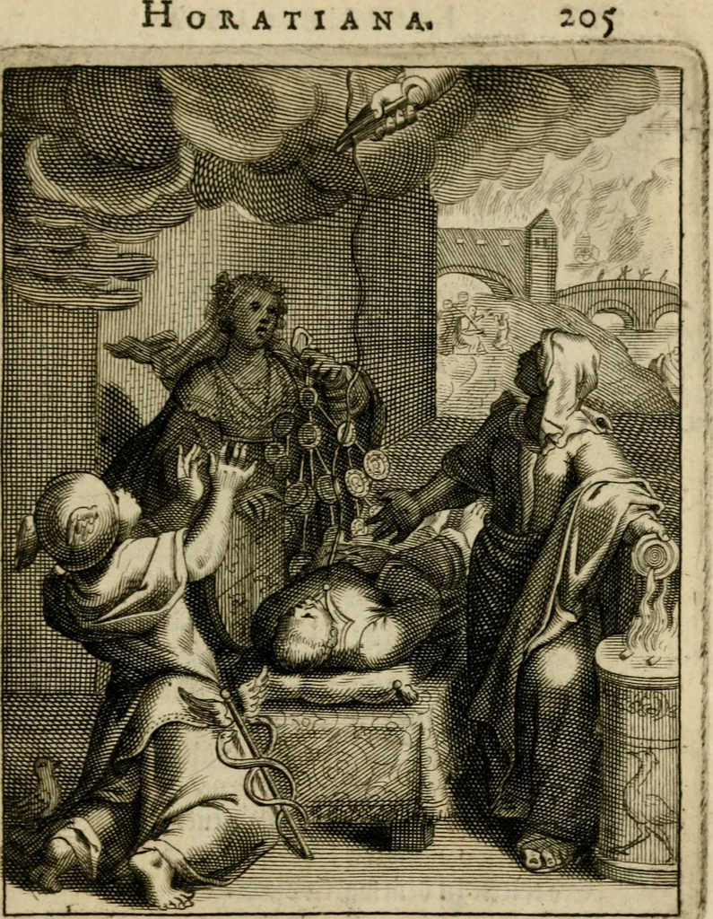 An illustration from Othonis VaenI Emblemata Horatiana : imaginibus in aes incisis : atque latino, germanico, gallico et belgico carmine illustrata, 1684, leaf 226
