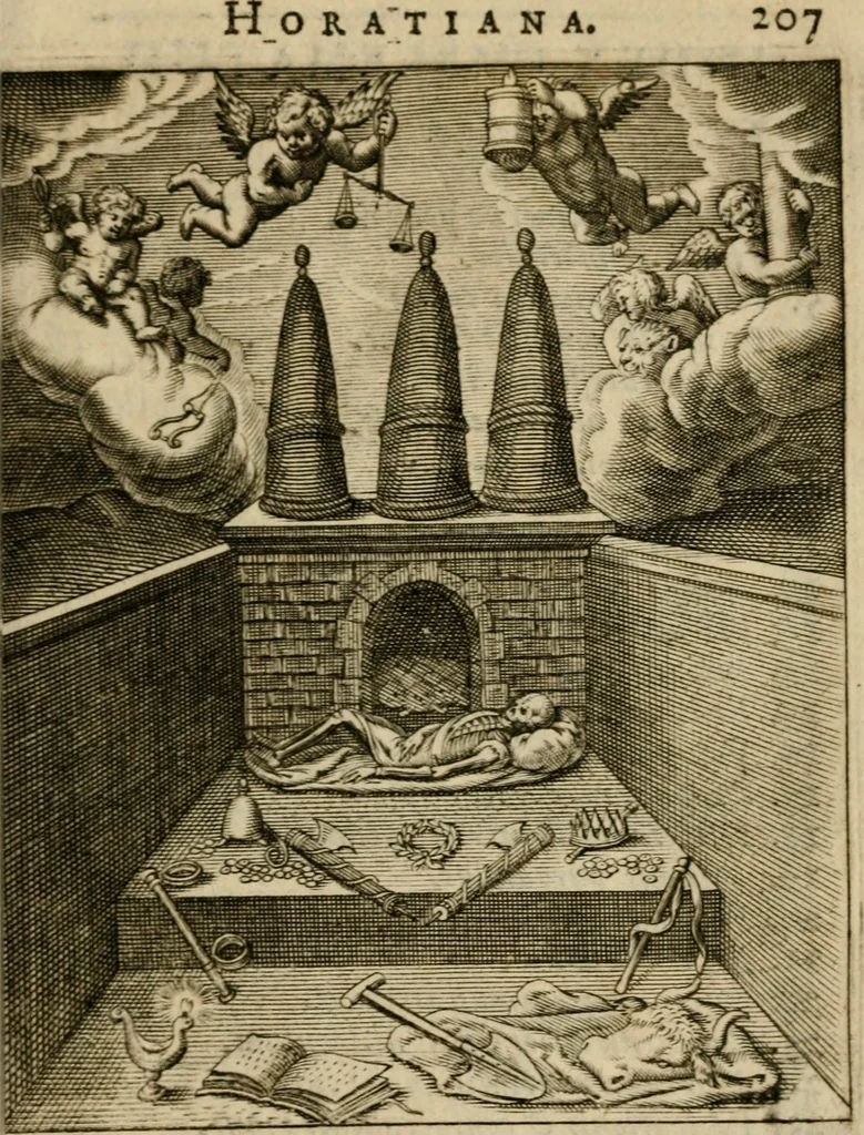 An illustration from Othonis VaenI Emblemata Horatiana : imaginibus in aes incisis : atque latino, germanico, gallico et belgico carmine illustrata, 1684, leaf 228