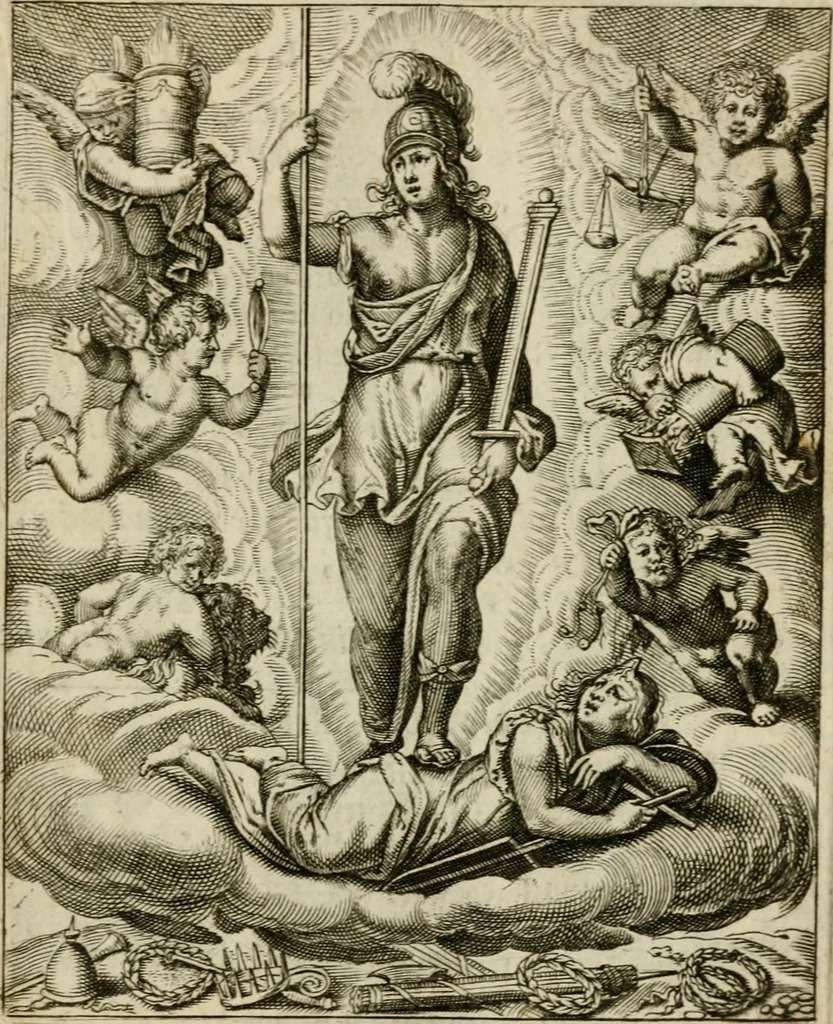 An illustration from Othonis VaenI Emblemata Horatiana : imaginibus in aes incisis : atque latino, germanico, gallico et belgico carmine illustrata, 1684, leaf 24