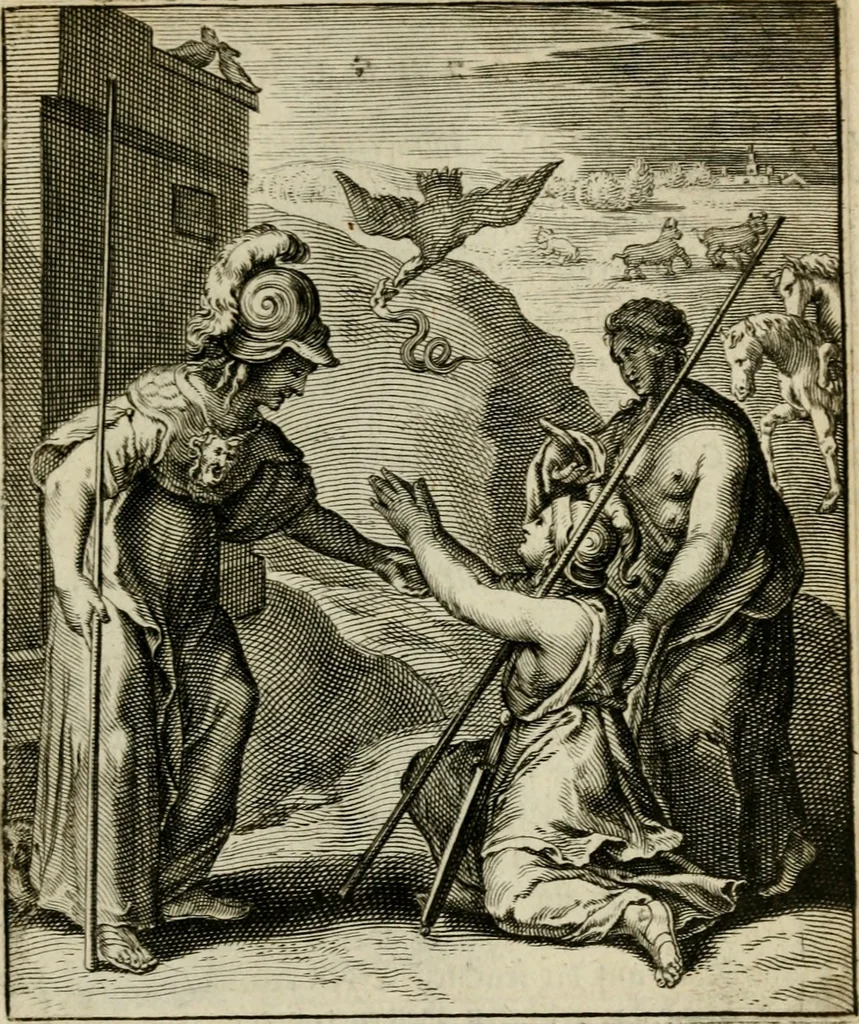 An illustration from Othonis VaenI Emblemata Horatiana : imaginibus in aes incisis : atque latino, germanico, gallico et belgico carmine illustrata, 1684, leaf 28