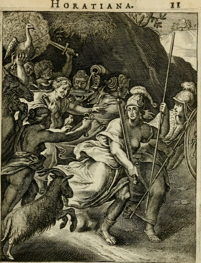 An illustration from Othonis VaenI Emblemata Horatiana : imaginibus in aes incisis : atque latino, germanico, gallico et belgico carmine illustrata, 1684, leaf 32