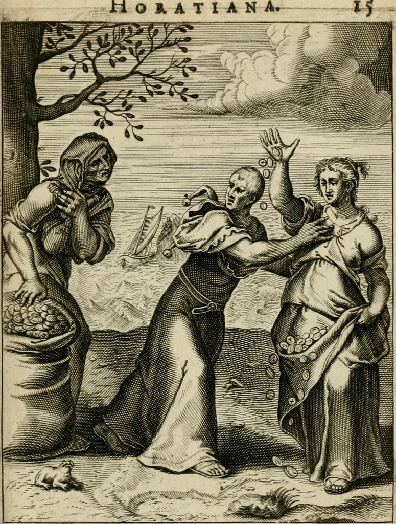 An illustration from Othonis VaenI Emblemata Horatiana : imaginibus in aes incisis : atque latino, germanico, gallico et belgico carmine illustrata, 1684, leaf 36