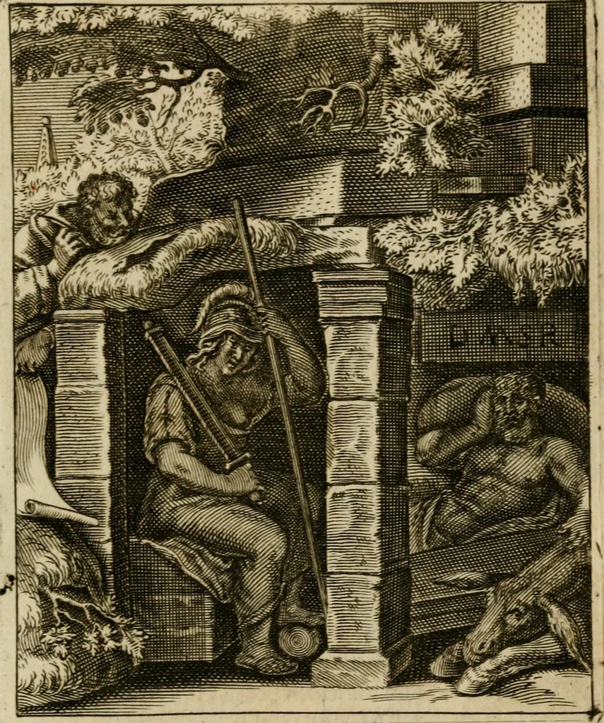 An illustration from Othonis VaenI Emblemata Horatiana : imaginibus in aes incisis : atque latino, germanico, gallico et belgico carmine illustrata, 1684, leaf 38