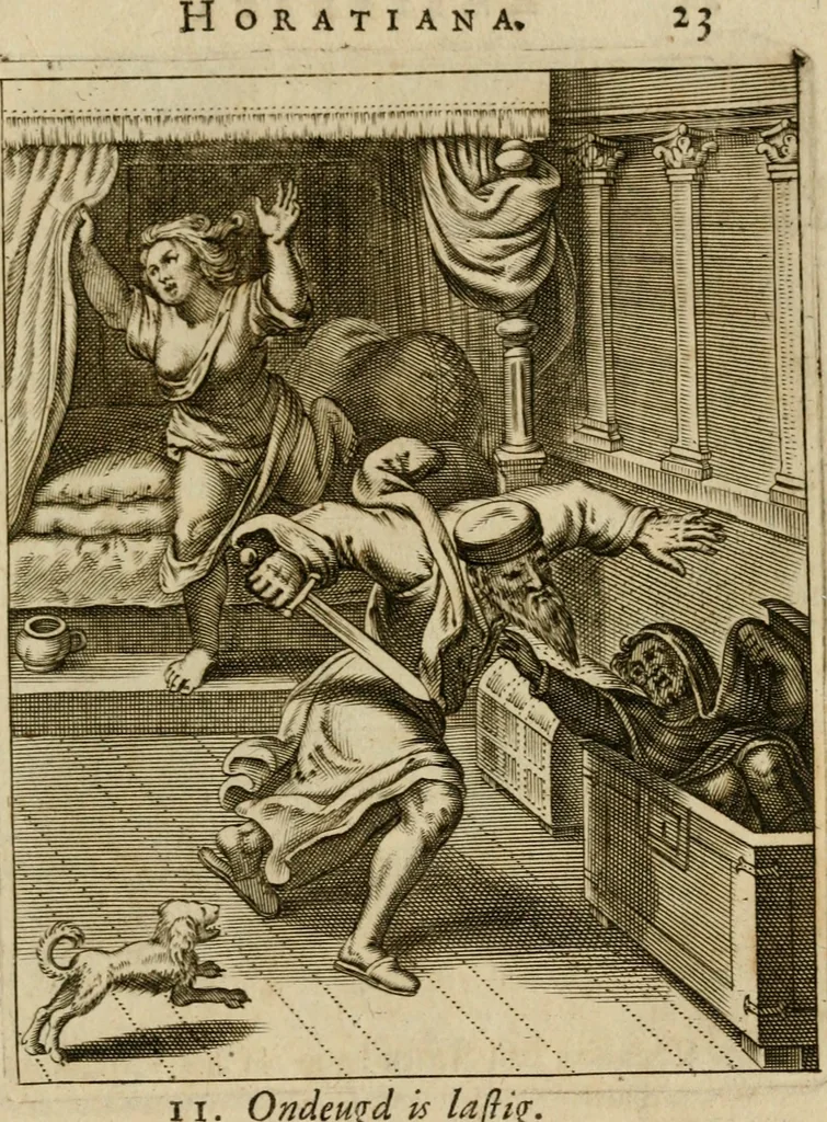 An illustration from Othonis VaenI Emblemata Horatiana : imaginibus in aes incisis : atque latino, germanico, gallico et belgico carmine illustrata, 1684, leaf 44