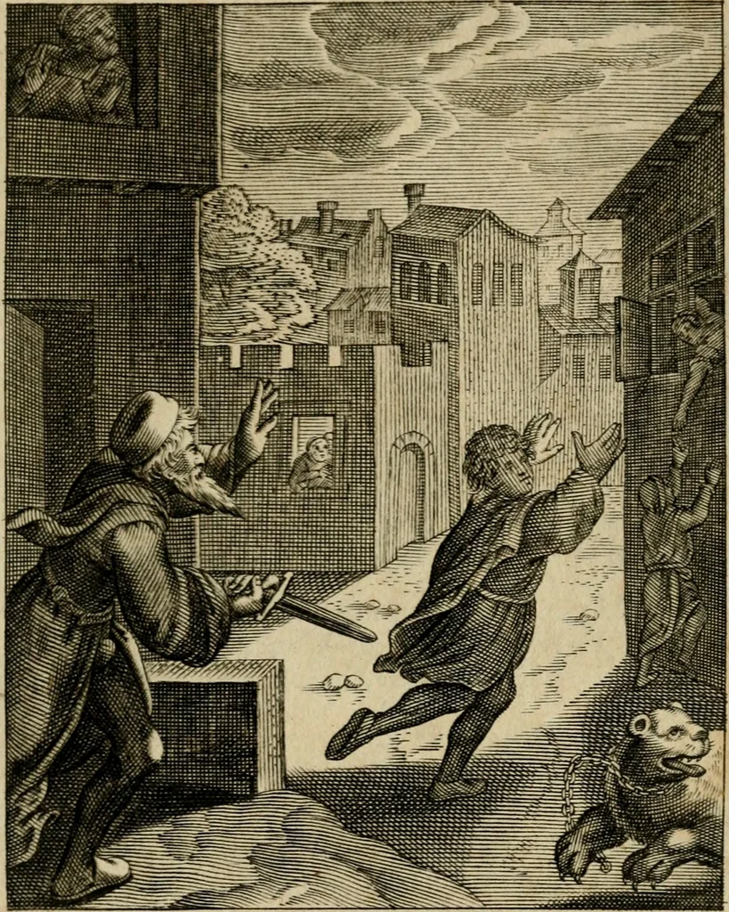 An illustration from Othonis VaenI Emblemata Horatiana : imaginibus in aes incisis : atque latino, germanico, gallico et belgico carmine illustrata, 1684, leaf 46
