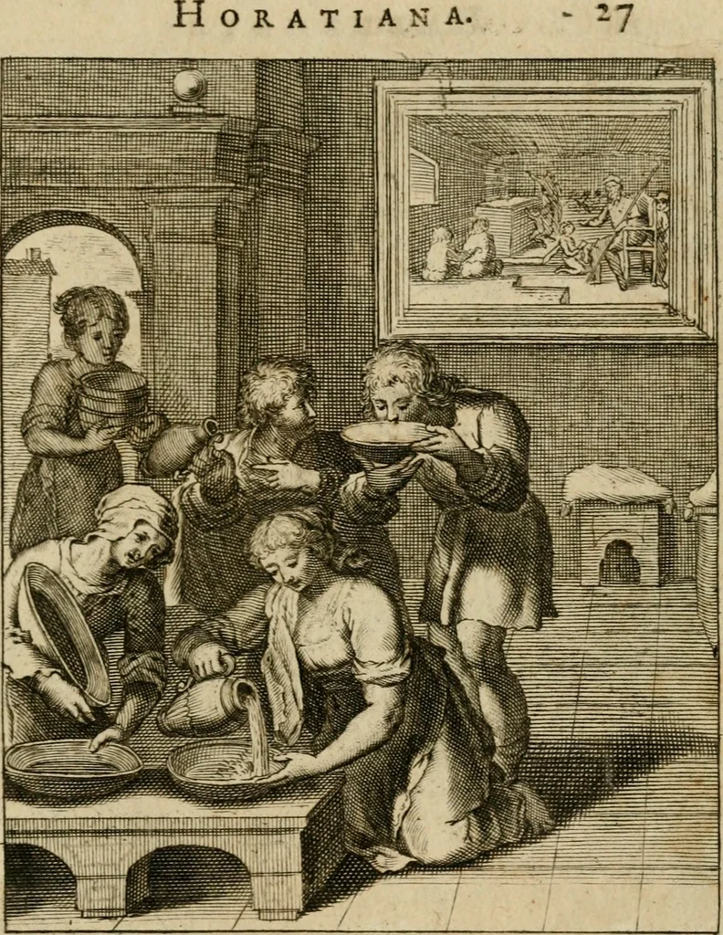 An illustration from Othonis VaenI Emblemata Horatiana : imaginibus in aes incisis : atque latino, germanico, gallico et belgico carmine illustrata, 1684, leaf 48