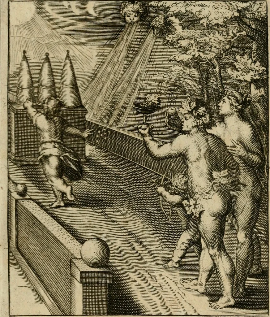 An illustration from Othonis VaenI Emblemata Horatiana : imaginibus in aes incisis : atque latino, germanico, gallico et belgico carmine illustrata, 1684, leaf 52