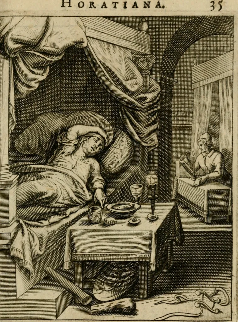 An illustration from Othonis VaenI Emblemata Horatiana : imaginibus in aes incisis : atque latino, germanico, gallico et belgico carmine illustrata, 1684, leaf 56