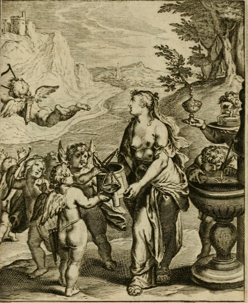 An illustration from Othonis VaenI Emblemata Horatiana : imaginibus in aes incisis : atque latino, germanico, gallico et belgico carmine illustrata, 1684, leaf 58