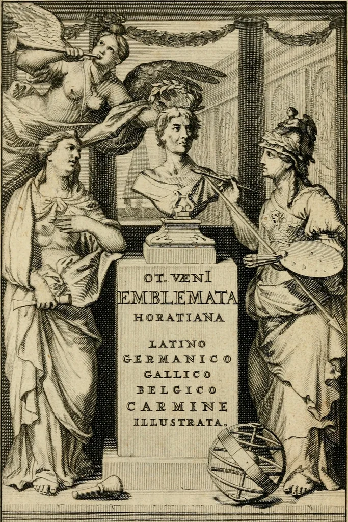 An illustration from Othonis VaenI Emblemata Horatiana : imaginibus in aes incisis : atque latino, germanico, gallico et belgico carmine illustrata, 1684, leaf 6