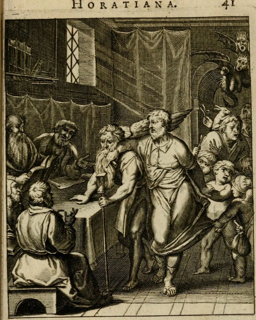 An illustration from Othonis VaenI Emblemata Horatiana : imaginibus in aes incisis : atque latino, germanico, gallico et belgico carmine illustrata, 1684, leaf 62