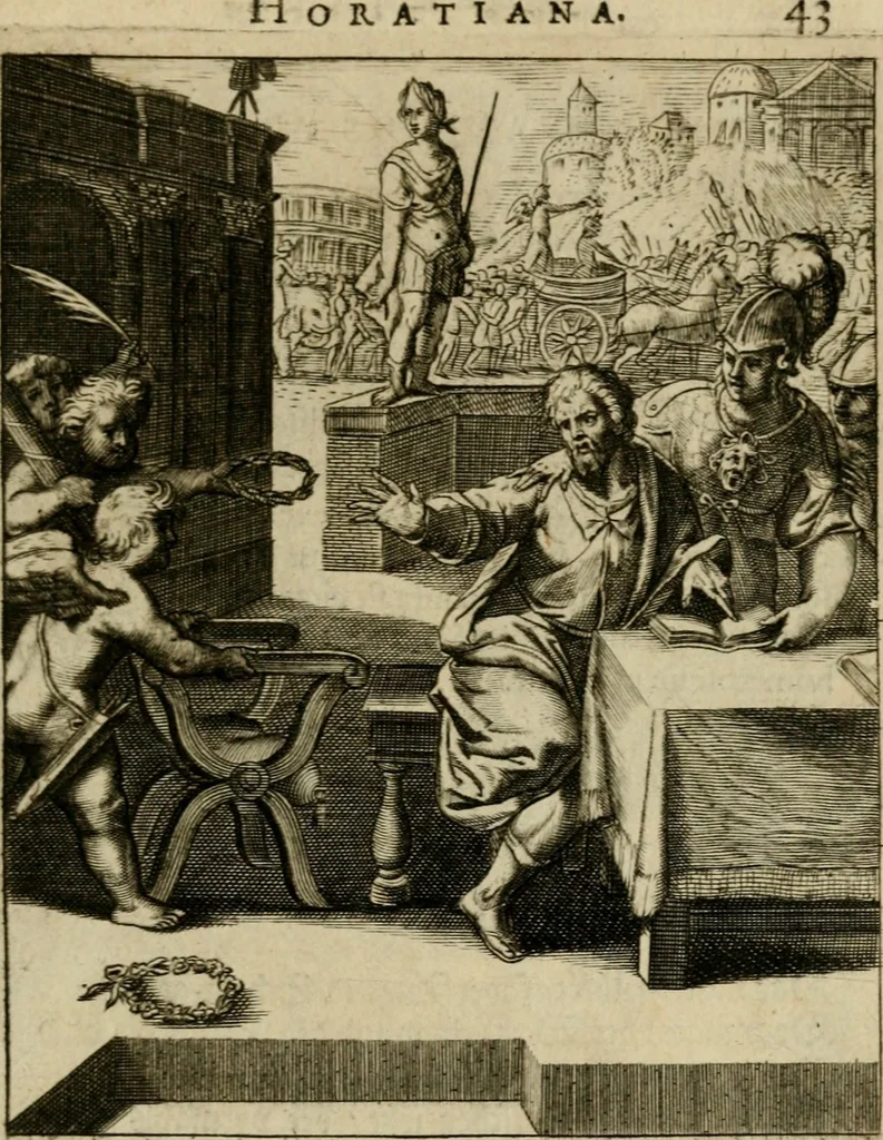 An illustration from Othonis VaenI Emblemata Horatiana : imaginibus in aes incisis : atque latino, germanico, gallico et belgico carmine illustrata, 1684, leaf 64