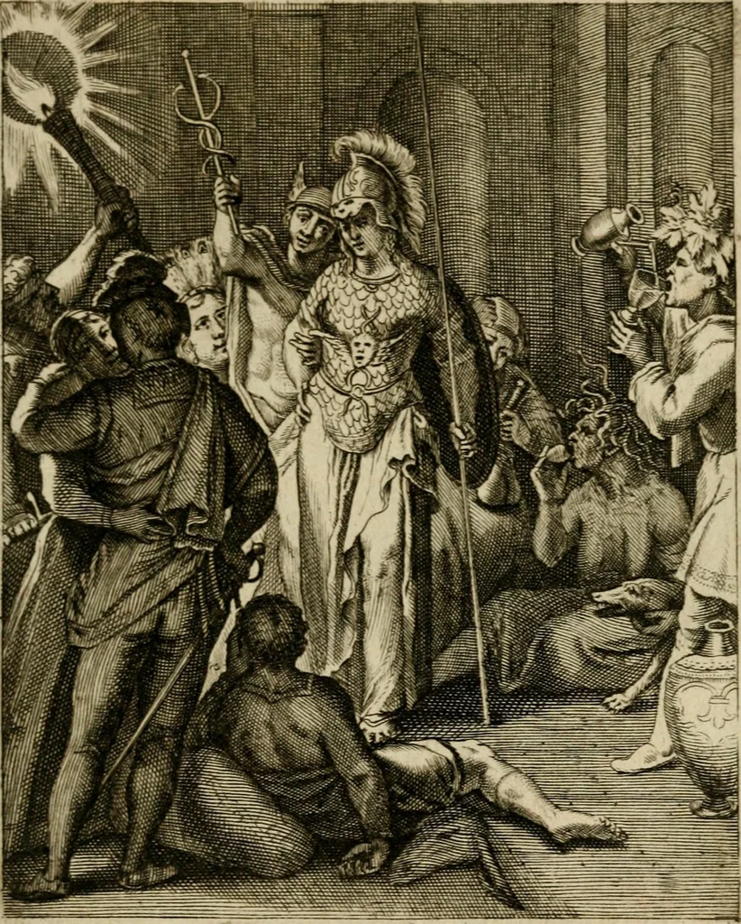 An illustration from Othonis VaenI Emblemata Horatiana : imaginibus in aes incisis : atque latino, germanico, gallico et belgico carmine illustrata, 1684, leaf 66