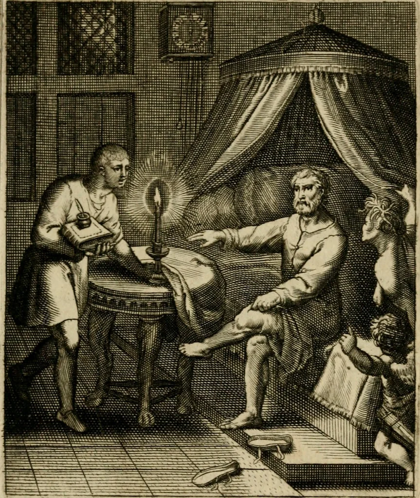 An illustration from Othonis VaenI Emblemata Horatiana : imaginibus in aes incisis : atque latino, germanico, gallico et belgico carmine illustrata, 1684, leaf 68