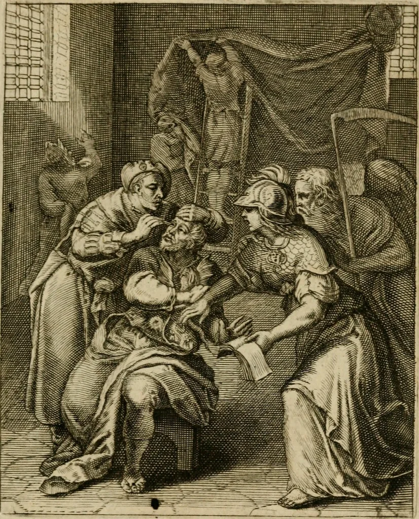 An illustration from Othonis VaenI Emblemata Horatiana : imaginibus in aes incisis : atque latino, germanico, gallico et belgico carmine illustrata, 1684, leaf 70