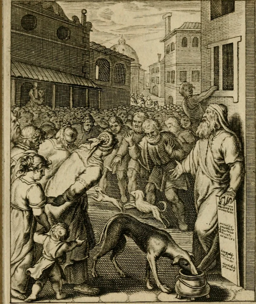 An illustration from Othonis VaenI Emblemata Horatiana : imaginibus in aes incisis : atque latino, germanico, gallico et belgico carmine illustrata, 1684, leaf 72