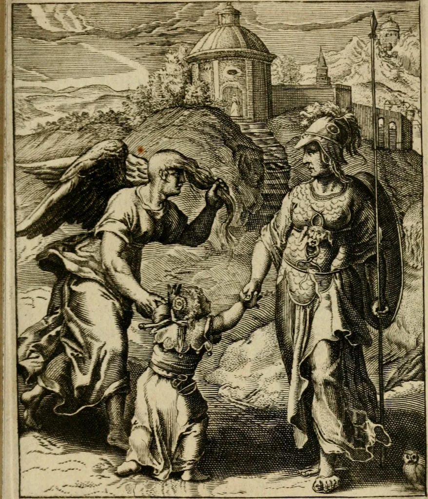 An illustration from Othonis VaenI Emblemata Horatiana : imaginibus in aes incisis : atque latino, germanico, gallico et belgico carmine illustrata, 1684, leaf 82