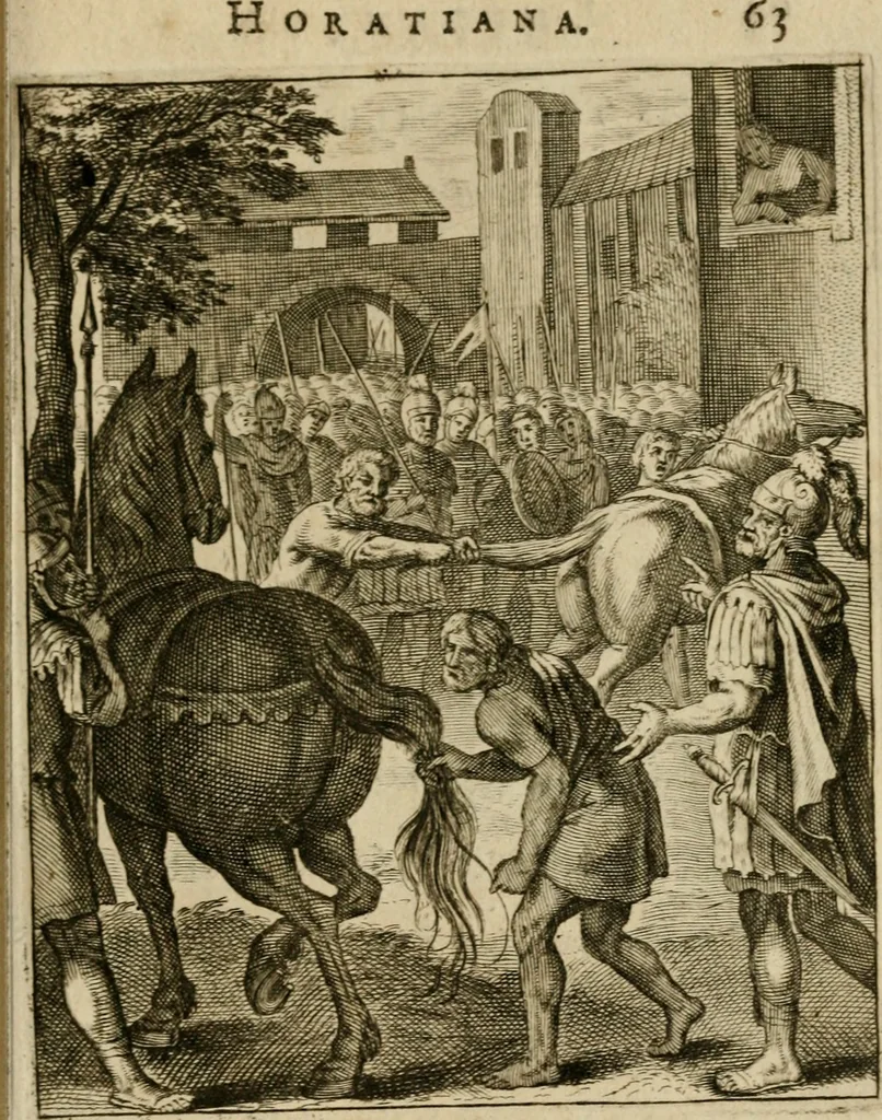An illustration from Othonis VaenI Emblemata Horatiana : imaginibus in aes incisis : atque latino, germanico, gallico et belgico carmine illustrata, 1684, leaf 84