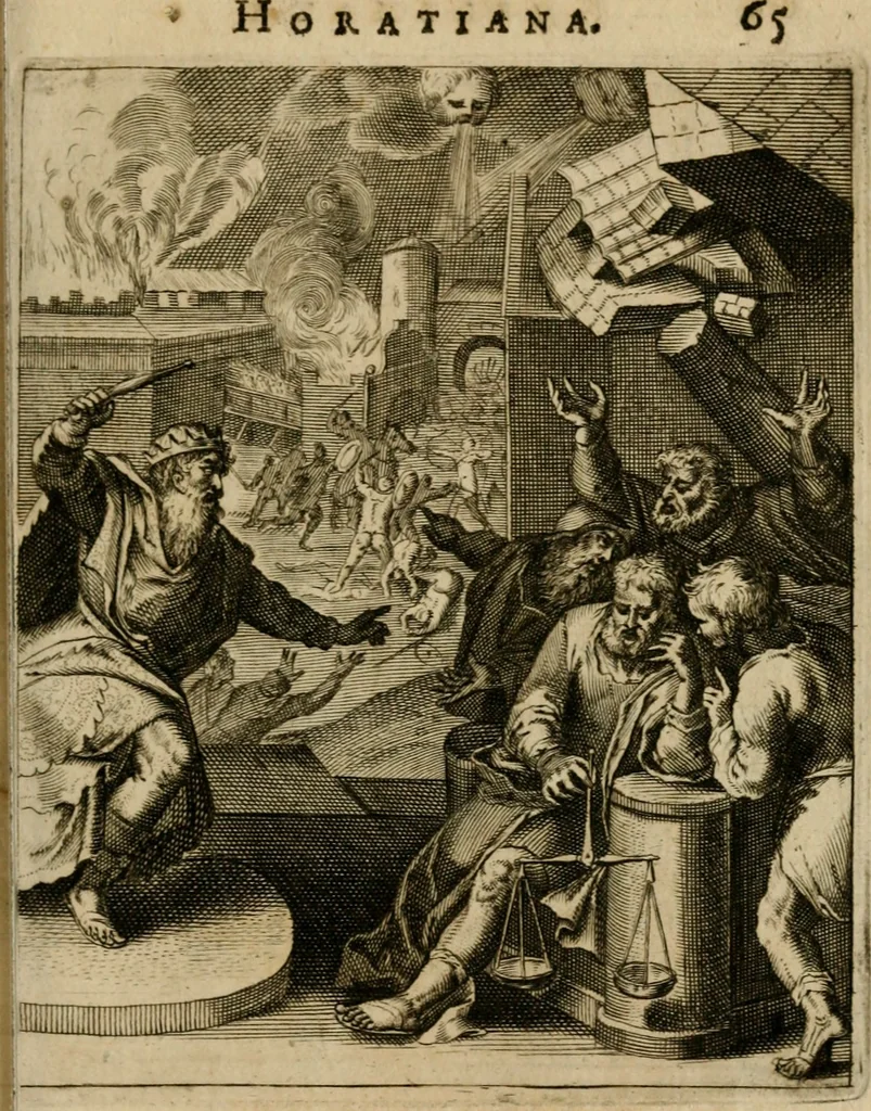 An illustration from Othonis VaenI Emblemata Horatiana : imaginibus in aes incisis : atque latino, germanico, gallico et belgico carmine illustrata, 1684, leaf 86