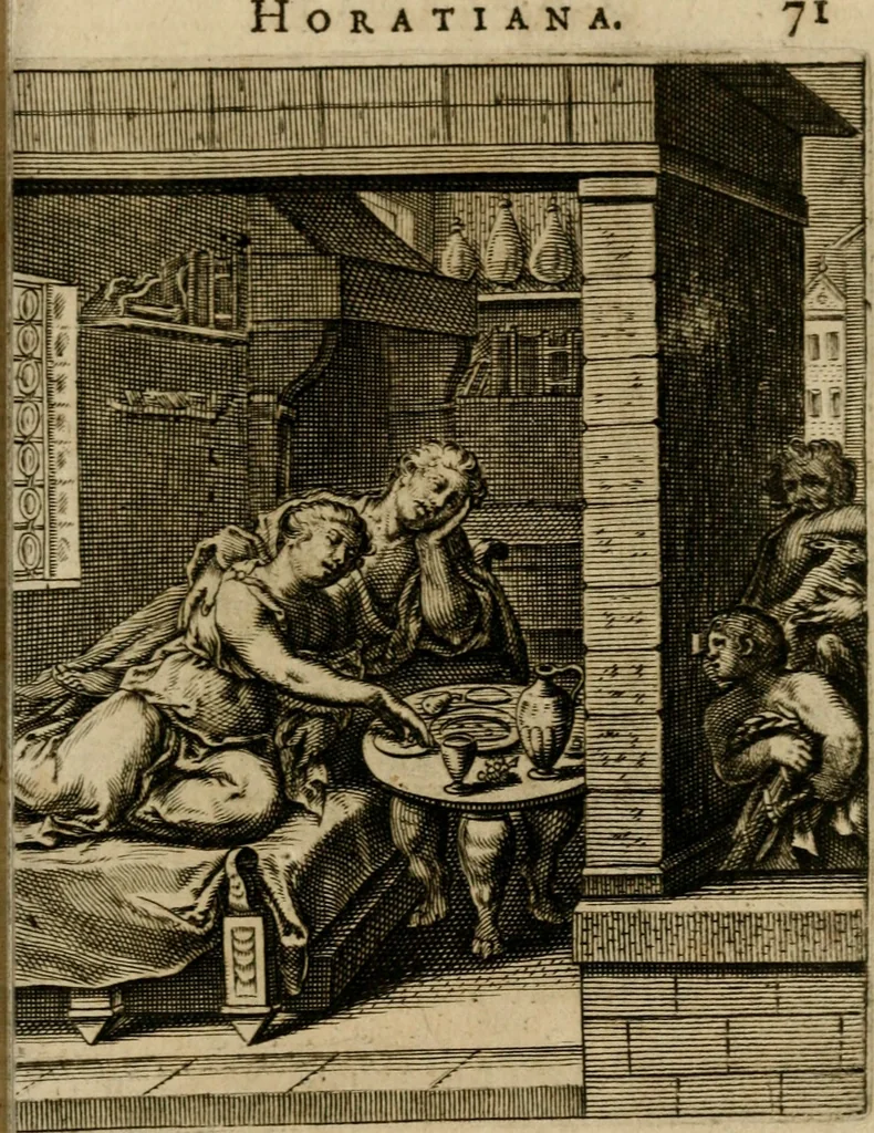 An illustration from Othonis VaenI Emblemata Horatiana : imaginibus in aes incisis : atque latino, germanico, gallico et belgico carmine illustrata, 1684, leaf 92