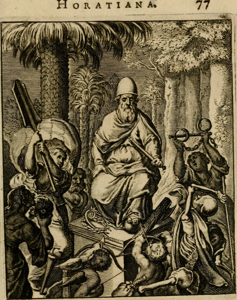 An illustration from Othonis VaenI Emblemata Horatiana : imaginibus in aes incisis : atque latino, germanico, gallico et belgico carmine illustrata, 1684, leaf 98