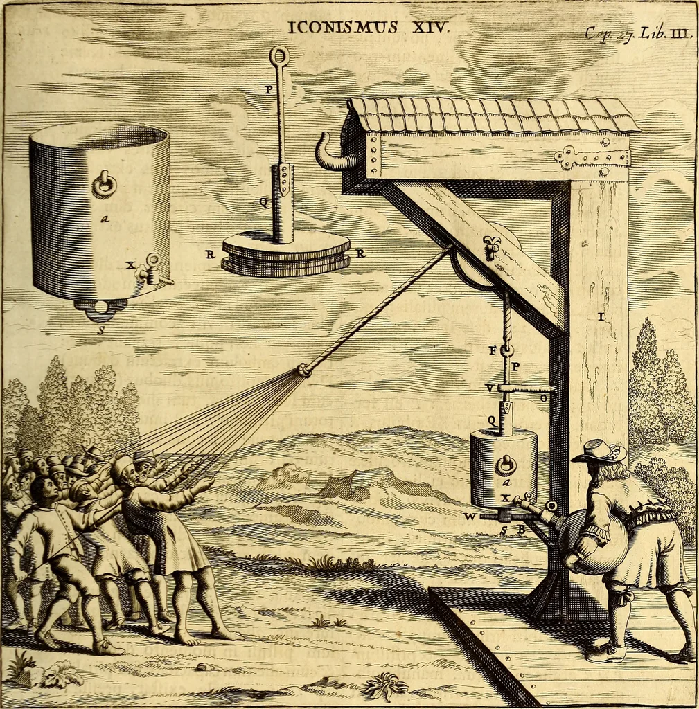 An illustration from Ottonis de Guericke Experimenta nova (ut vocantur) Magdeburgica de vacuo spatio, 1672, leaf 142