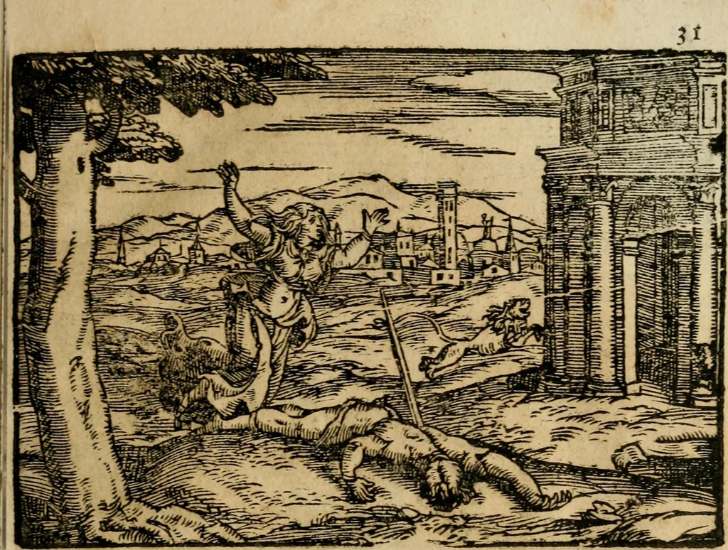An illustration from Ouidio istorico, politico, morale : breuemente spiegato, e delineato con artificiose figure, accresciuta questa quinta impressione di nuoue allegorie, 1696, leaf 34