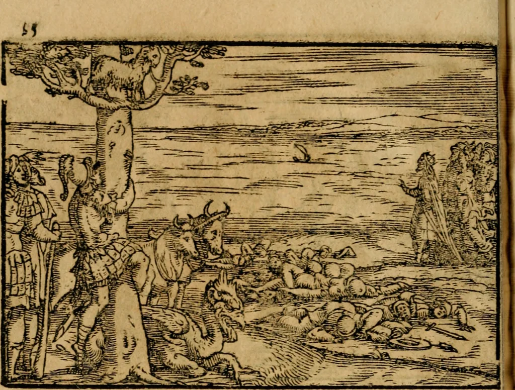 An illustration from Ouidio istorico, politico, morale : breuemente spiegato, e delineato con artificiose figure, accresciuta questa quinta impressione di nuoue allegorie, 1696, leaf 53