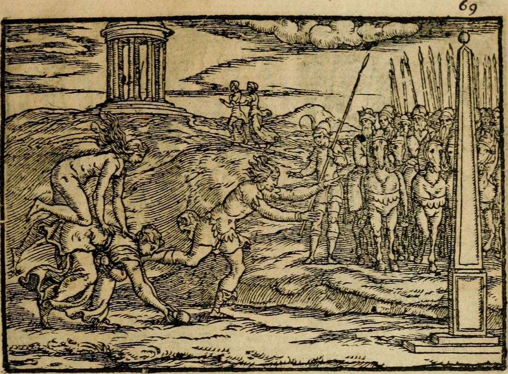 An illustration from Ouidio istorico, politico, morale : breuemente spiegato, e delineato con artificiose figure, accresciuta questa quinta impressione di nuoue allegorie, 1696, leaf 72