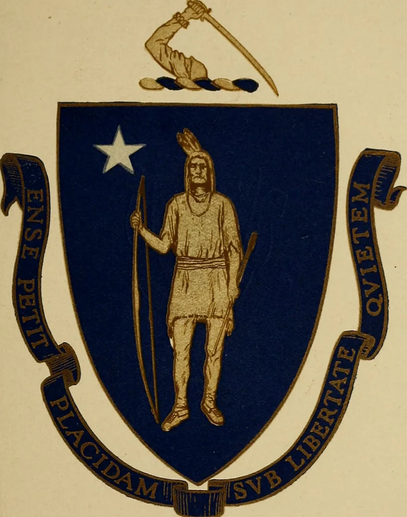 An illustration from Our flag : its history and its anniversaries, together with a list of patriotic days and holidays, a calendar of American history, and the laws and etiquette of the flag : the flag, the coat-of-arms, and the great seal of the Commonwealth of Massachusetts, 1917, leaf 28