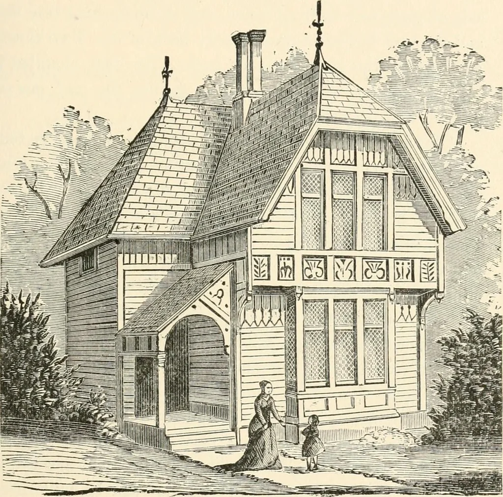 An illustration from Our homes and their adornments, or, How to build, finish, furnish and adorn a home, containing practical instructions for the building of homes, interior decoration, wood carving, scroll sawing, house painting, window hangings, screens, curtains, window gardening, incidental decorations, decorative-art needle-work, and economic landscape gardening; to which is added a household compendium of new, practical and valuable recipes, the whole being designed to make happy homes for happy people, 1883, leaf 122