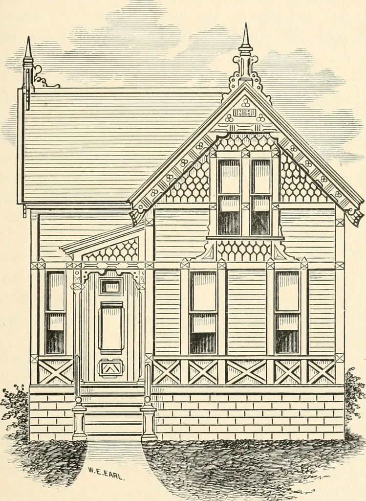 An illustration from Our homes and their adornments, or, How to build, finish, furnish and adorn a home, containing practical instructions for the building of homes, interior decoration, wood carving, scroll sawing, house painting, window hangings, screens, curtains, window gardening, incidental decorations, decorative-art needle-work, and economic landscape gardening; to which is added a household compendium of new, practical and valuable recipes, the whole being designed to make happy homes for happy people, 1883, leaf 128