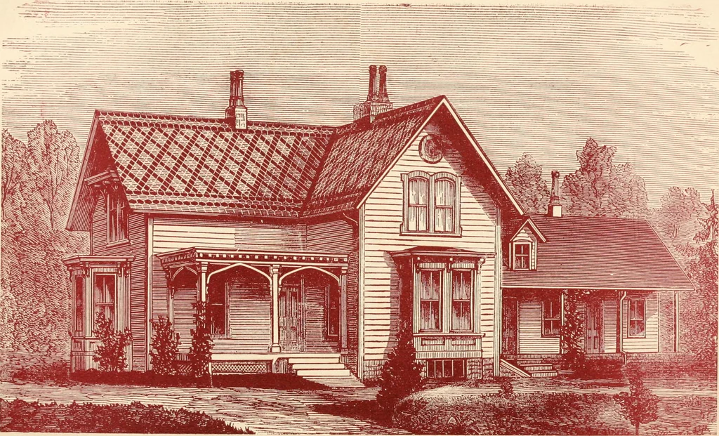 An illustration from Our homes and their adornments, or, How to build, finish, furnish and adorn a home, containing practical instructions for the building of homes, interior decoration, wood carving, scroll sawing, house painting, window hangings, screens, curtains, window gardening, incidental decorations, decorative-art needle-work, and economic landscape gardening; to which is added a household compendium of new, practical and valuable recipes, the whole being designed to make happy homes for happy people, 1883, leaf 136