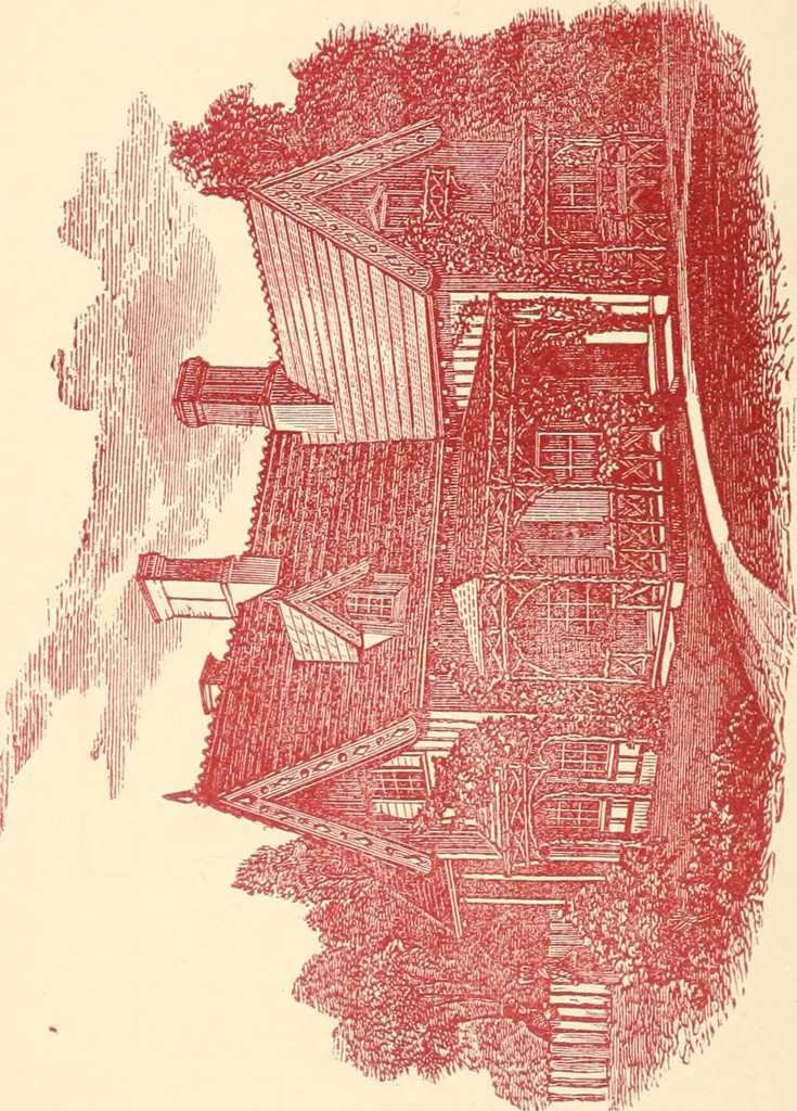 An illustration from Our homes and their adornments, or, How to build, finish, furnish and adorn a home, containing practical instructions for the building of homes, interior decoration, wood carving, scroll sawing, house painting, window hangings, screens, curtains, window gardening, incidental decorations, decorative-art needle-work, and economic landscape gardening; to which is added a household compendium of new, practical and valuable recipes, the whole being designed to make happy homes for happy people, 1883, leaf 141