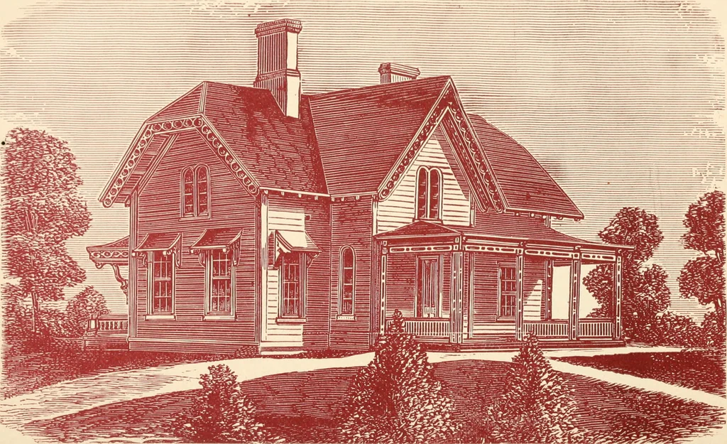 An illustration from Our homes and their adornments, or, How to build, finish, furnish and adorn a home, containing practical instructions for the building of homes, interior decoration, wood carving, scroll sawing, house painting, window hangings, screens, curtains, window gardening, incidental decorations, decorative-art needle-work, and economic landscape gardening; to which is added a household compendium of new, practical and valuable recipes, the whole being designed to make happy homes for happy people, 1883, leaf 144