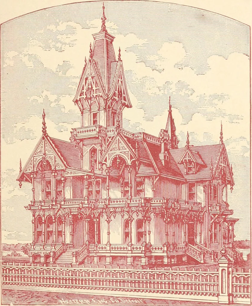 An illustration from Our homes and their adornments, or, How to build, finish, furnish and adorn a home, containing practical instructions for the building of homes, interior decoration, wood carving, scroll sawing, house painting, window hangings, screens, curtains, window gardening, incidental decorations, decorative-art needle-work, and economic landscape gardening; to which is added a household compendium of new, practical and valuable recipes, the whole being designed to make happy homes for happy people, 1883, leaf 176